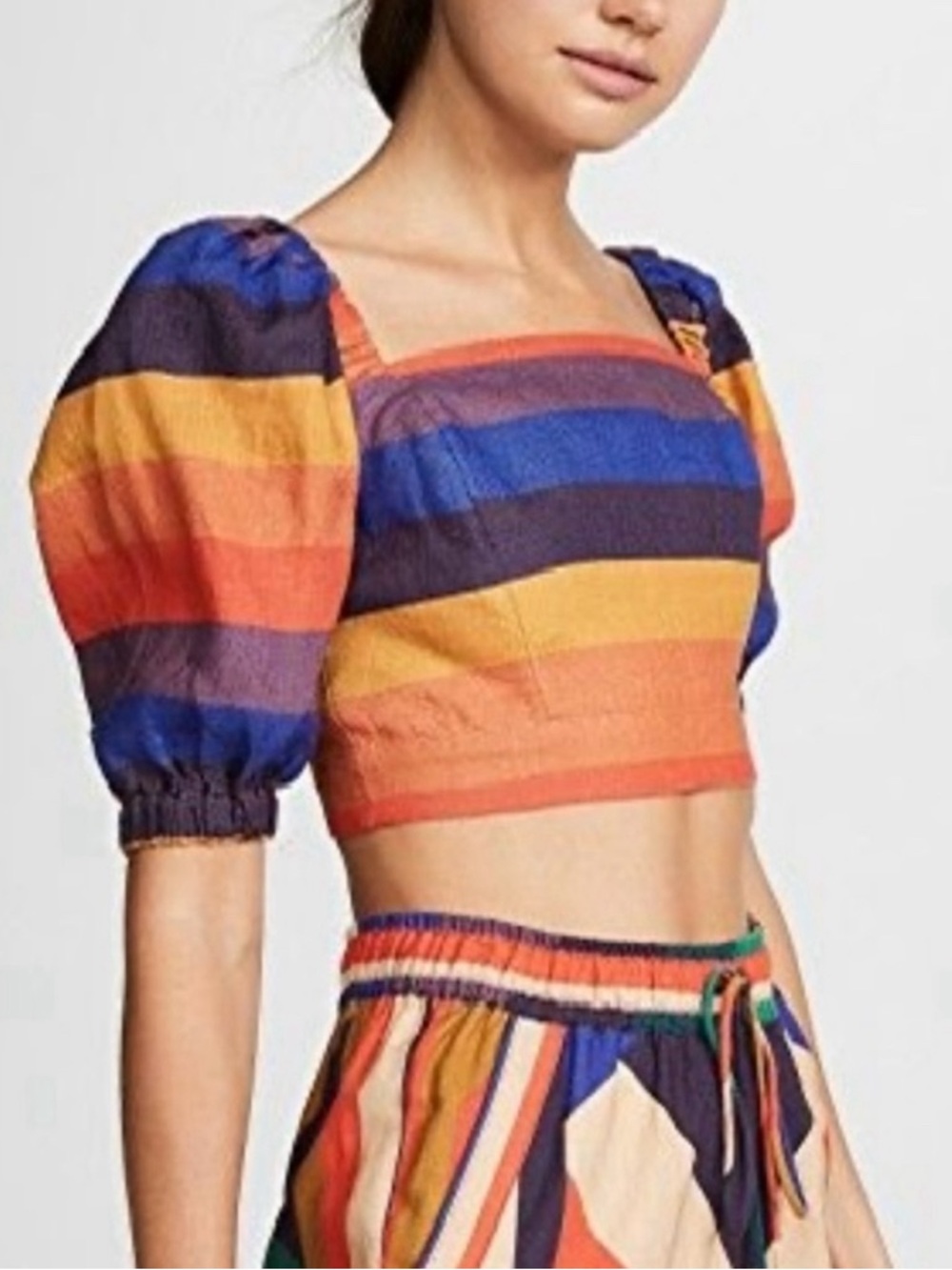 Farm Rio Rainbow Striped Puff-Sleeve Linen Crop Top Medium